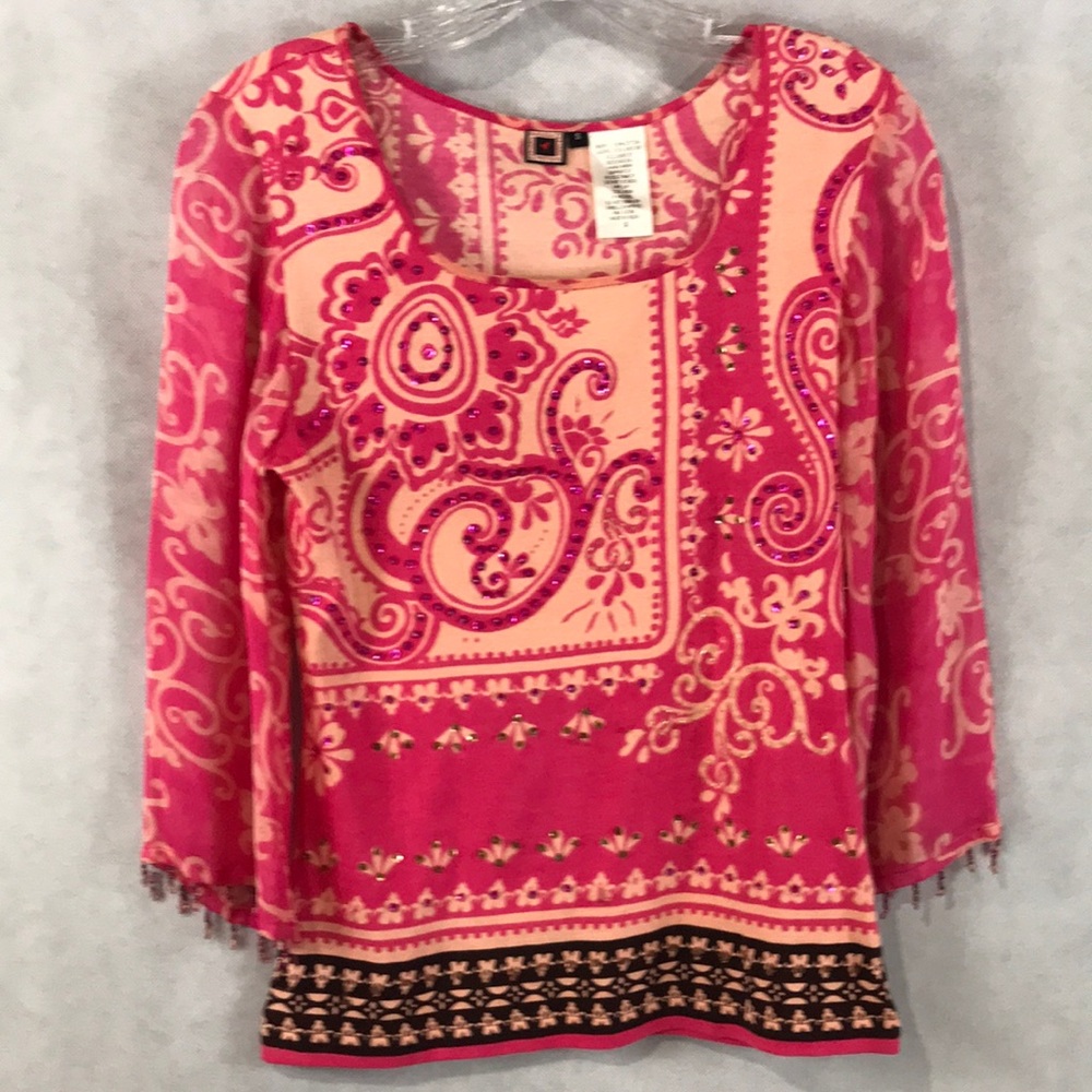 Forbidden Tunic Blouse Pink Indian Themed Print S